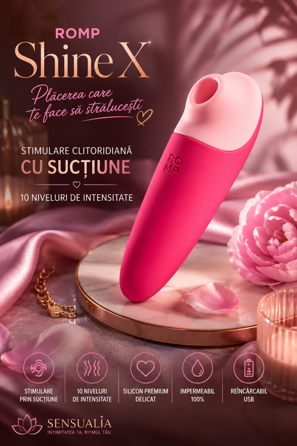 ROMP Shine X Stimulator Clitoridian cu Sucțiune, 10 Trepte de Intensitate, Roz
